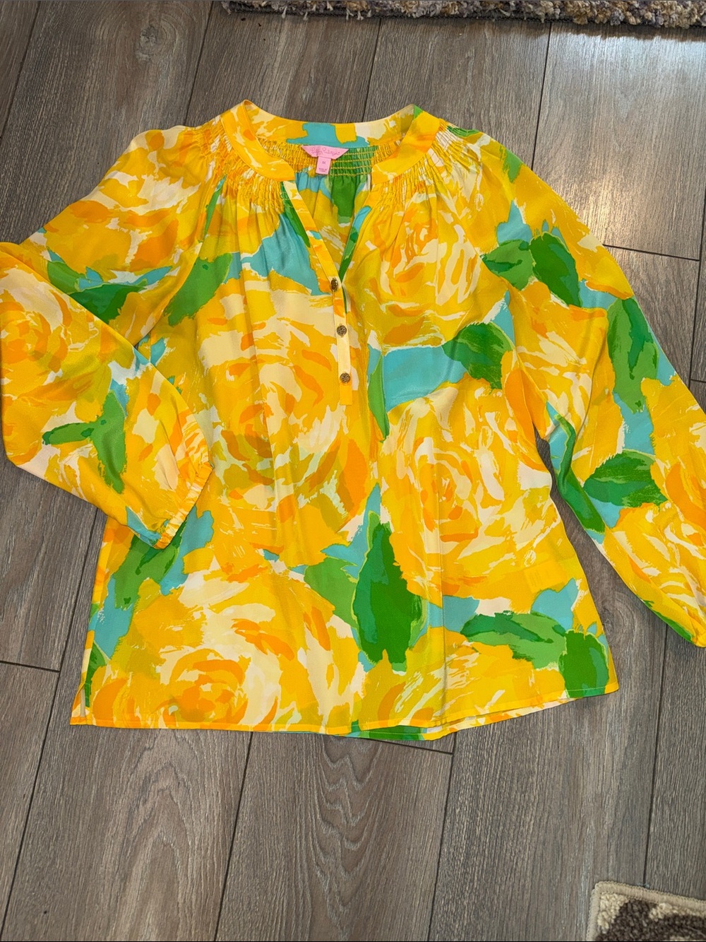 Lilly Pulitzer Yellow Floral Henley Tunic with Aqua & Green Accents